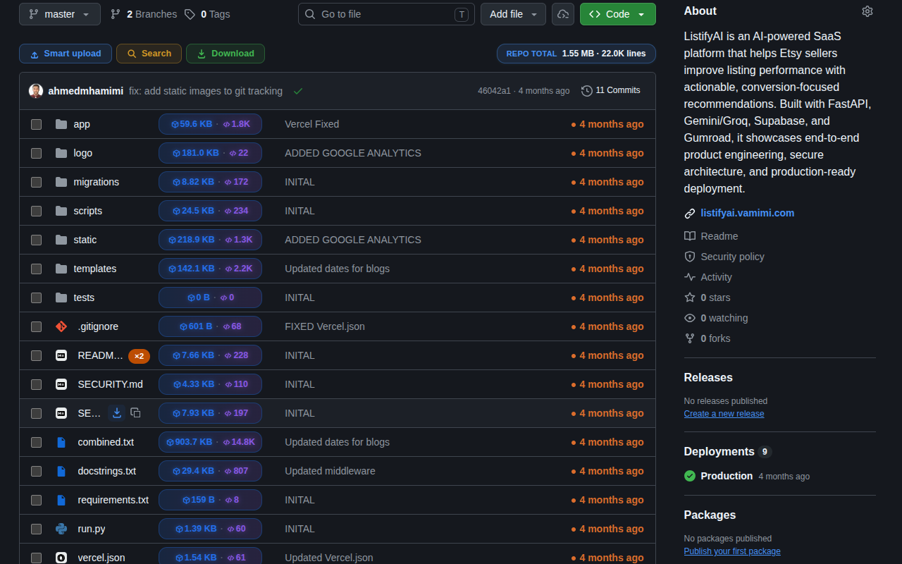 GitHub repository listing with RepoKit's size badges, line counts, and total shown on every row