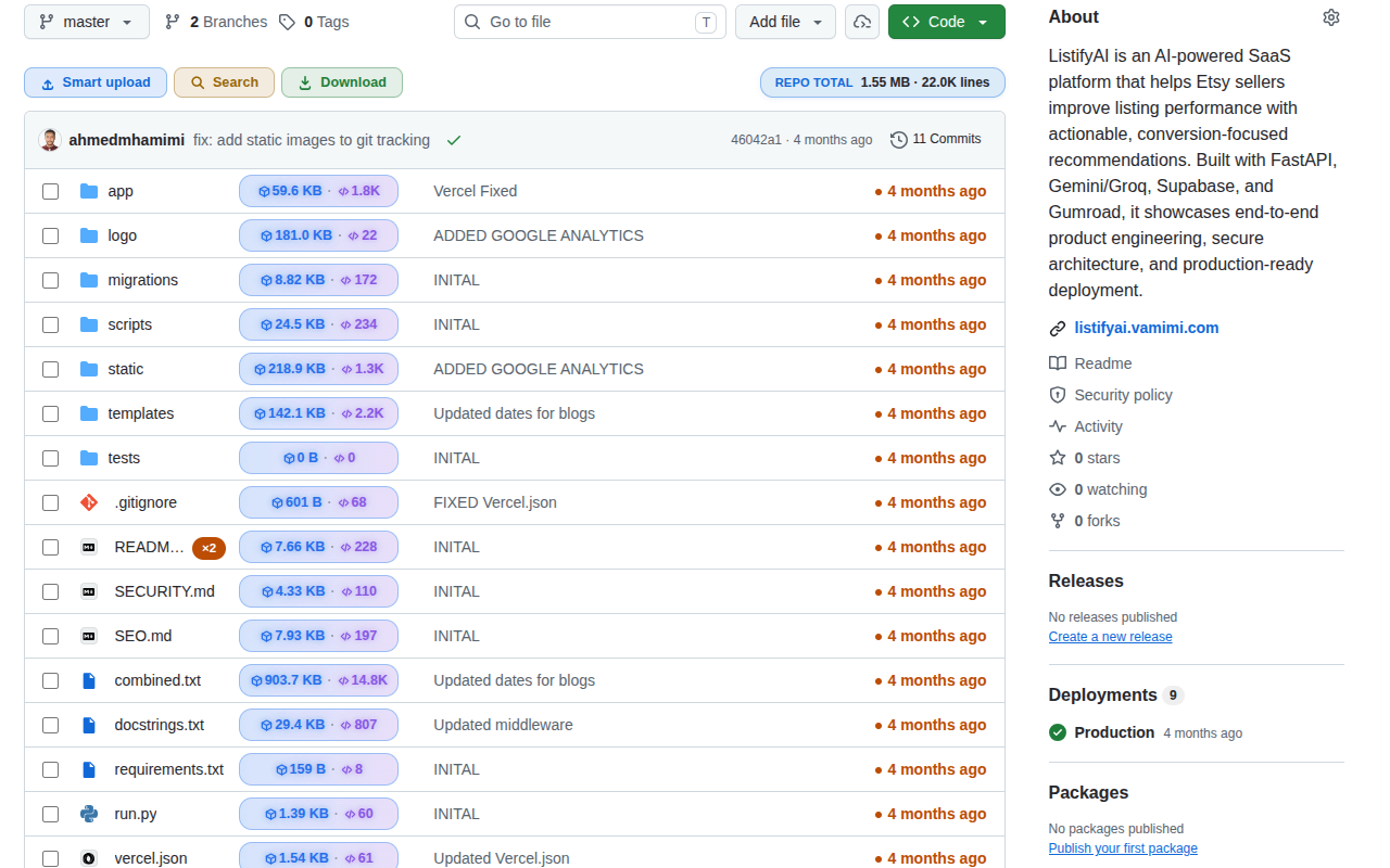 GitHub repo listing showing file size and estimated line counts side by side
