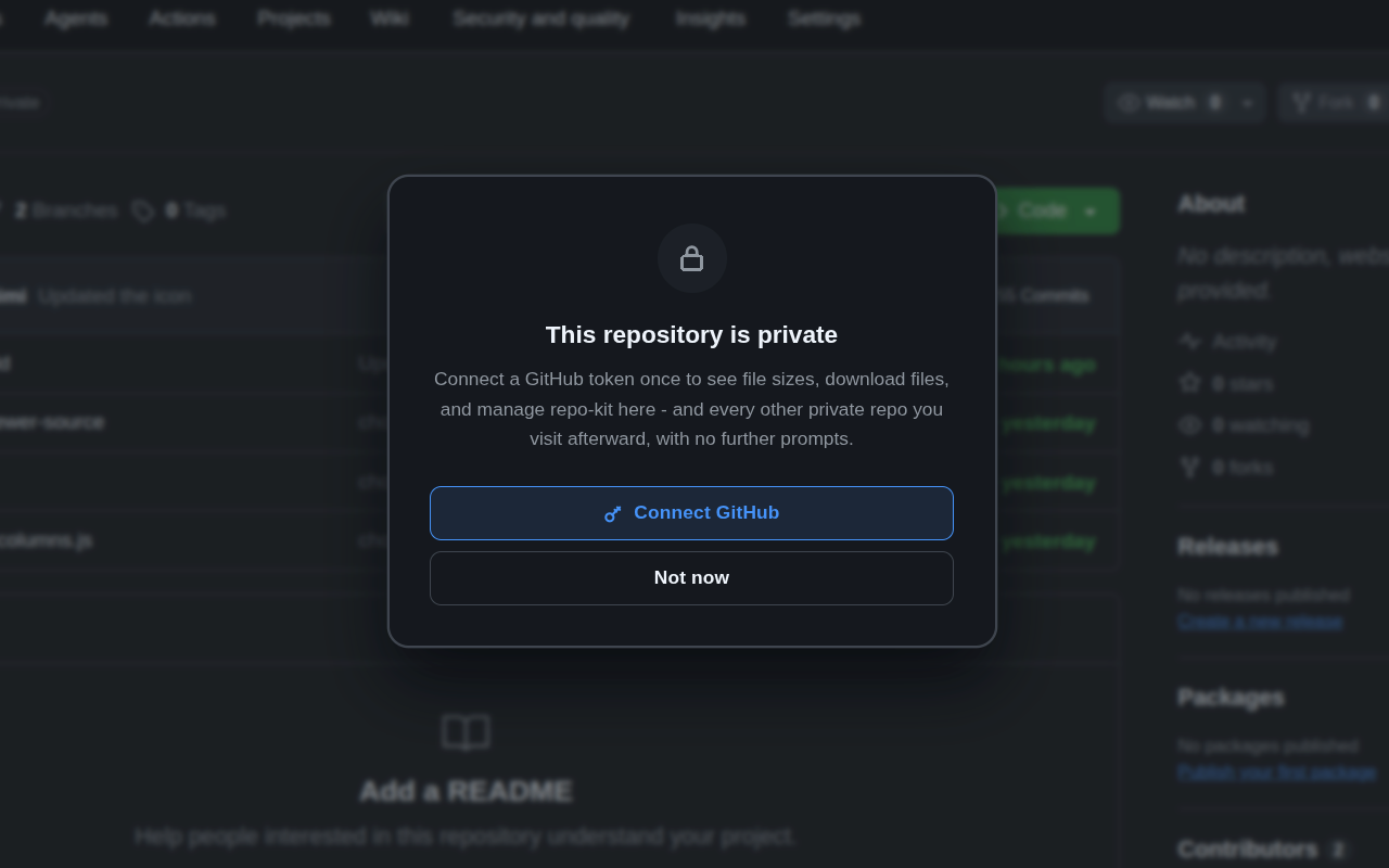 RepoKit prompting to connect a GitHub token for a private repository