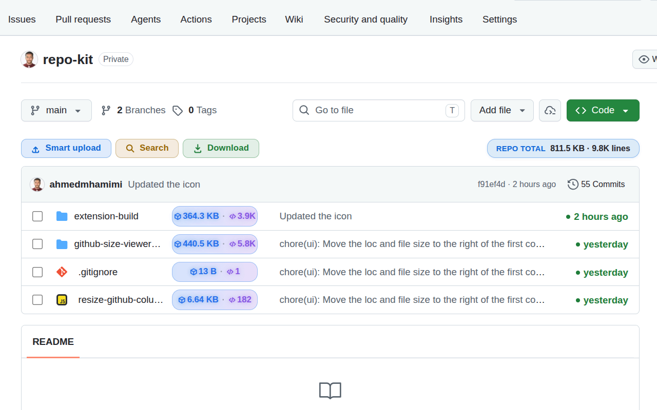 RepoKit's own repository shown with size and line count badges in light mode