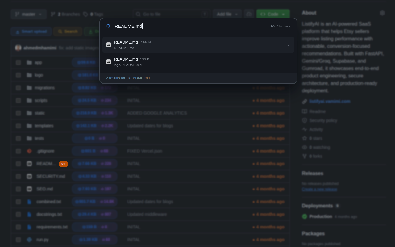 RepoKit search modal open with ranked file results